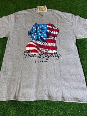 Puppie Love True Loyalty American Flag Dog Short Sleeve Gray T-Shirt Size M NWT